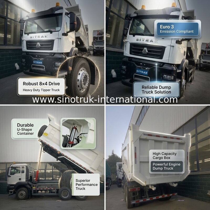 Camion benne HOWO blanc en forme de U de 371 ch avec performances supérieures de levage intermédiaire