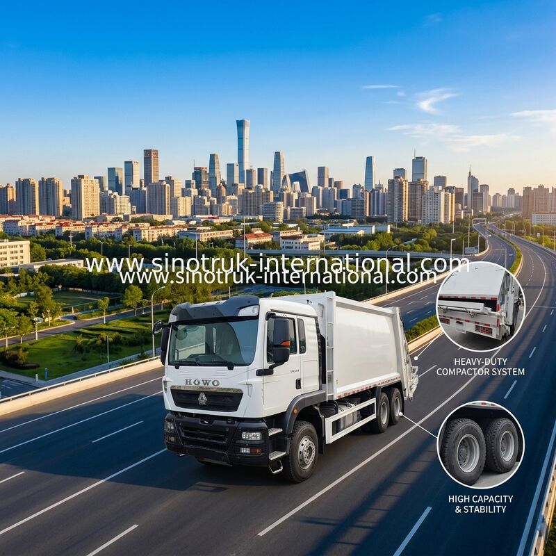 Camion à ordures à compression de grand volume de 18 m³ avec moteur de 371 CV et pneus robustes pour une gestion efficace des déchets