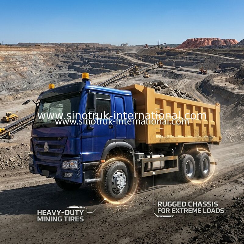 La BENNE BASCULANTE jaune bleue de VERSEUR de SINOTRUK HOWO 400HP 6x4 CAMION l'euro II de LHD